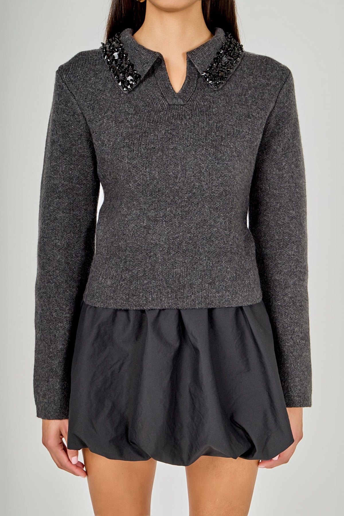 ENDLESS ROSE - Knit Jewel Trim Collared Sweater - SWEATERS & KNITS available at Objectrare