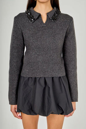 ENDLESS ROSE - Knit Jewel Trim Collared Sweater - SWEATERS & KNITS available at Objectrare