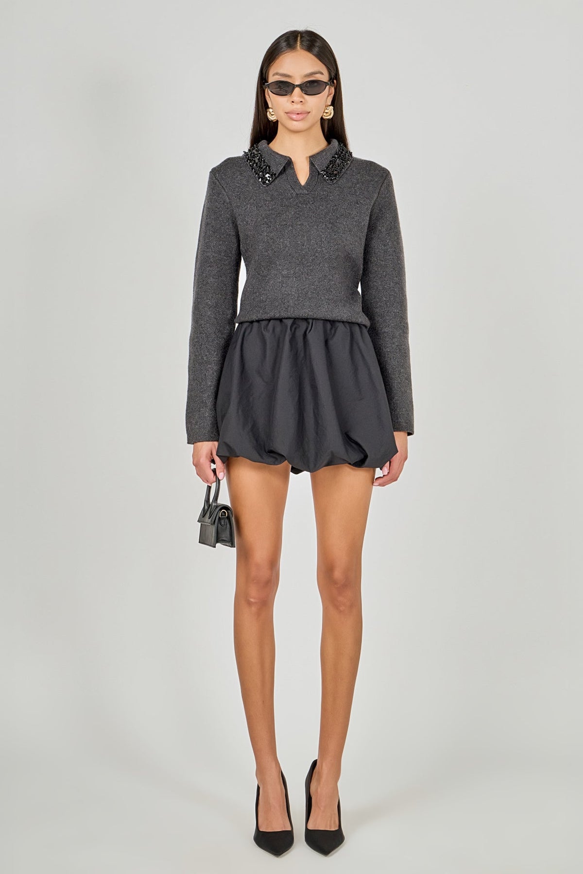 ENDLESS ROSE - Knit Jewel Trim Collared Sweater - SWEATERS & KNITS available at Objectrare