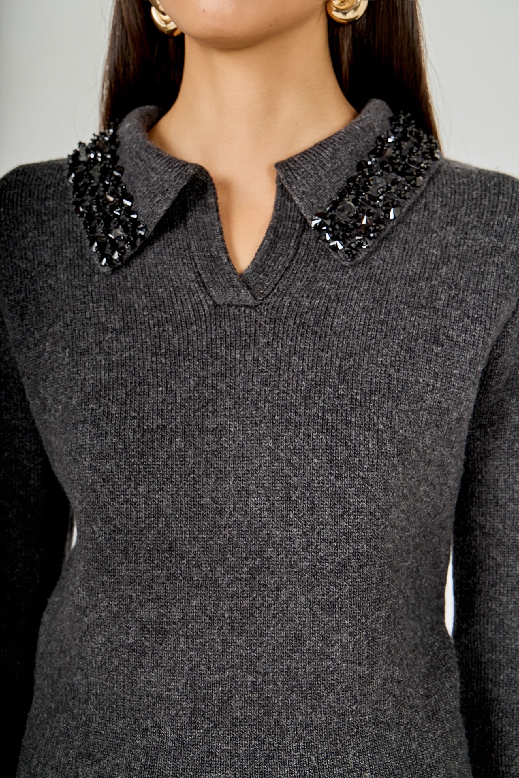 Knit Jewel Trim Collared Sweater