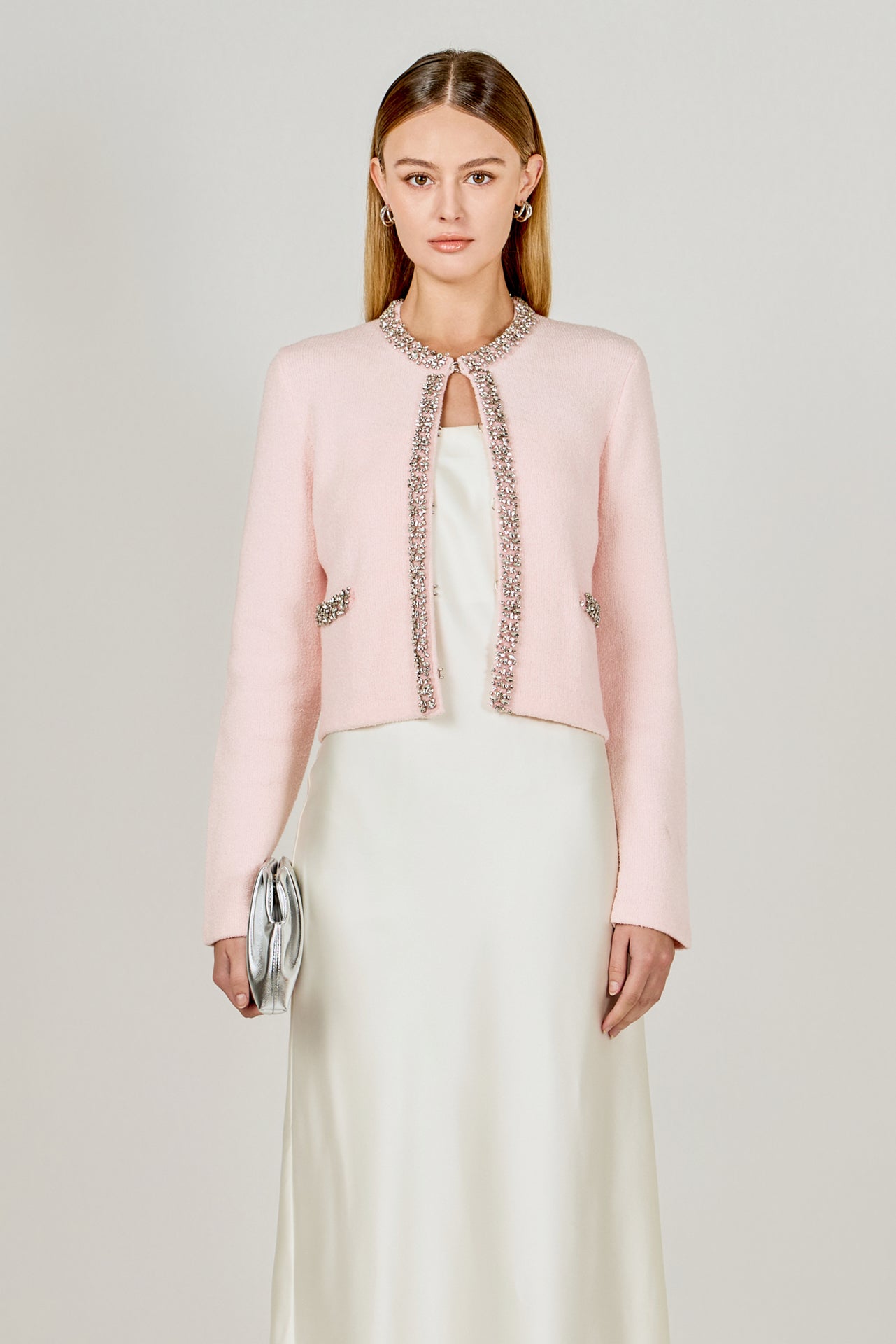 ENDLESS ROSE - Boucle Knit Jewel Trim Sweater Cardigan - SWEATERS & KNITS available at Objectrare