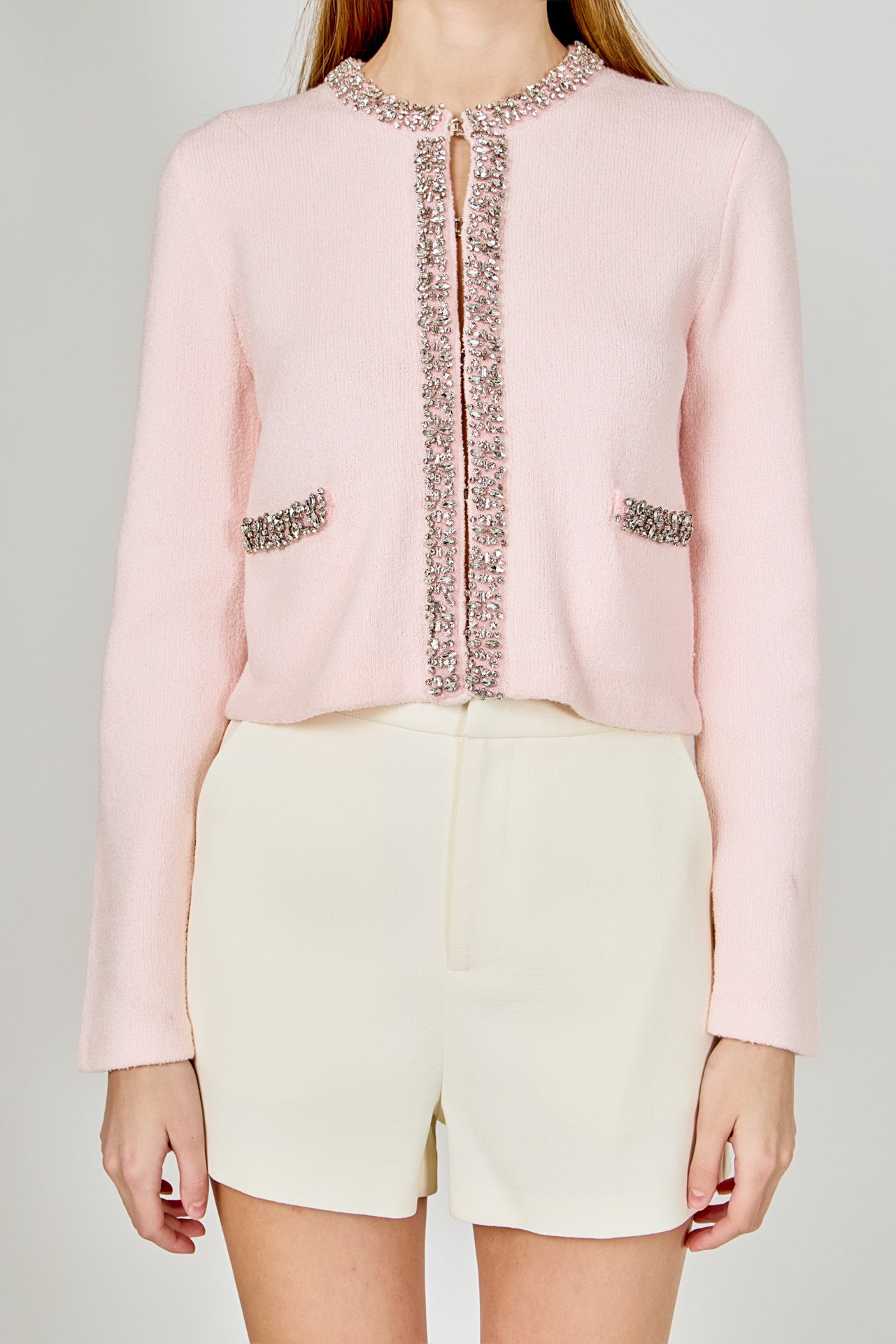 ENDLESS ROSE - Boucle Knit Jewel Trim Sweater Cardigan - SWEATERS & KNITS available at Objectrare