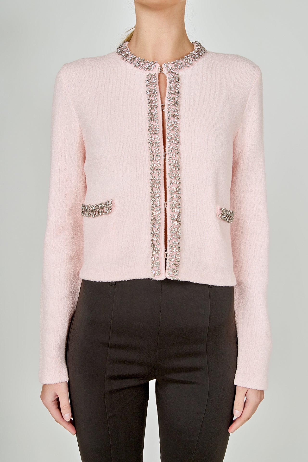 ENDLESS ROSE - Boucle Knit Jewel Trim Sweater Cardigan - SWEATERS & KNITS available at Objectrare