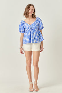 Gingham Twisted Puff Sleeve Top