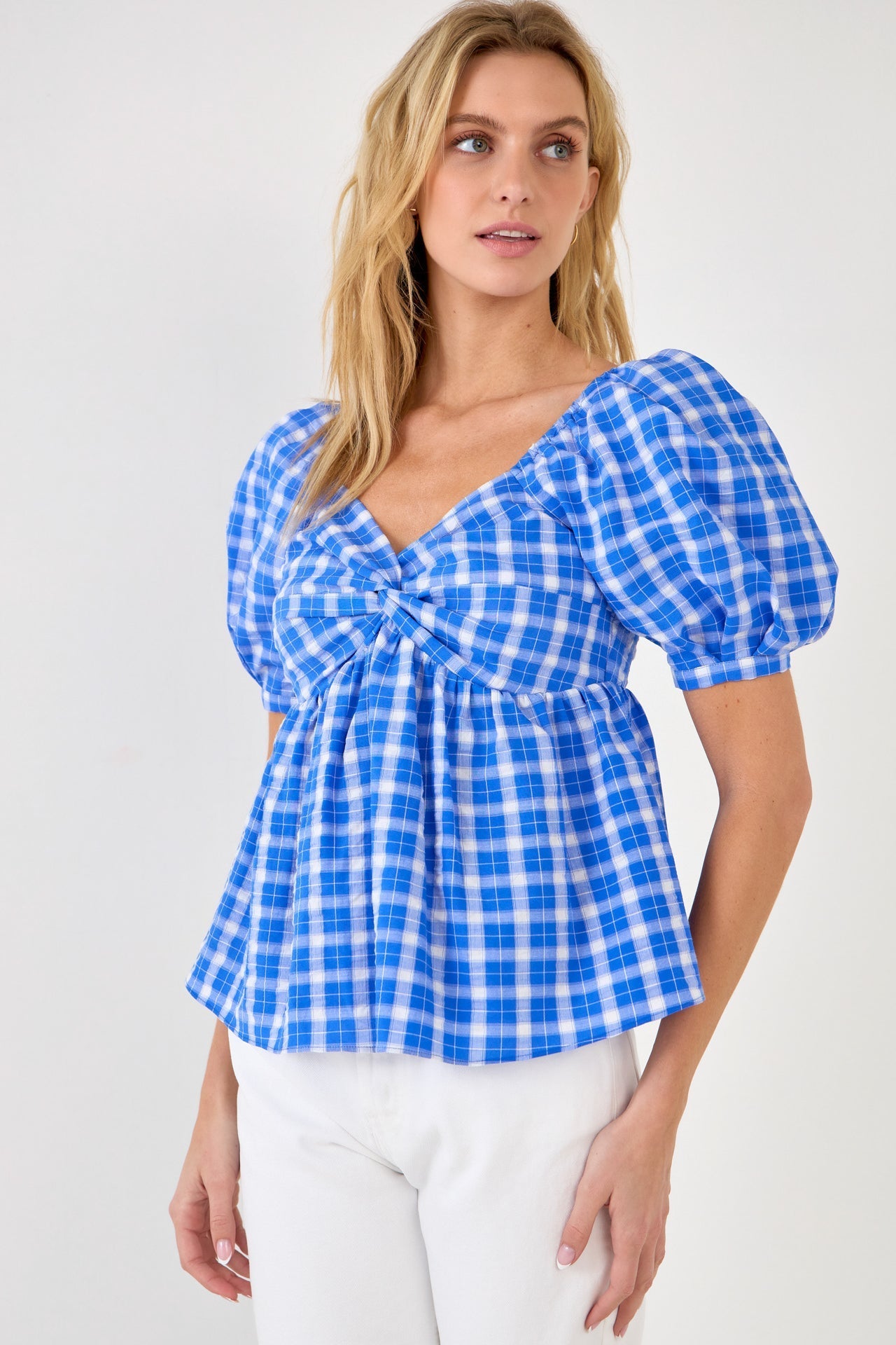 ENGLISH FACTORY - English Factory - Gingham Twisted Puff Sleeve Top - TOPS available at Objectrare