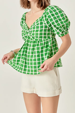 Gingham Twisted Puff Sleeve Top