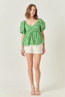 Gingham Twisted Puff Sleeve Top