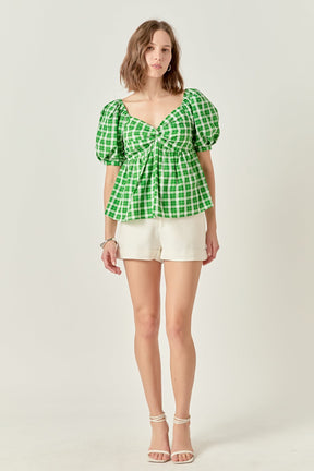 Gingham Twisted Puff Sleeve Top