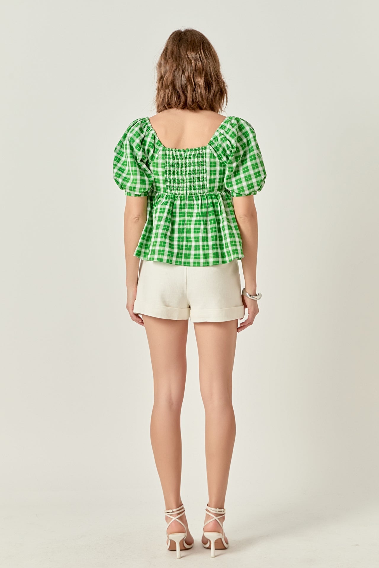 Gingham Twisted Puff Sleeve Top