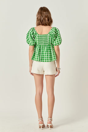 Gingham Twisted Puff Sleeve Top