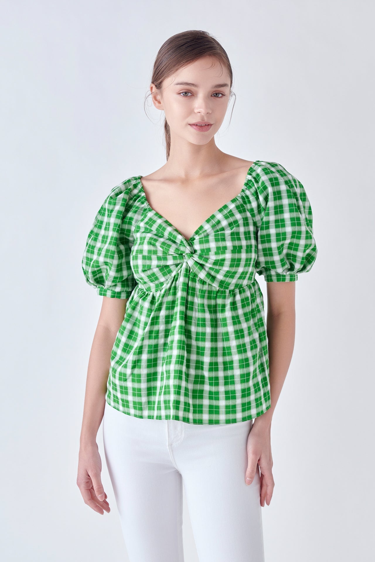 ENGLISH FACTORY - English Factory - Gingham Twisted Puff Sleeve Top - TOPS available at Objectrare