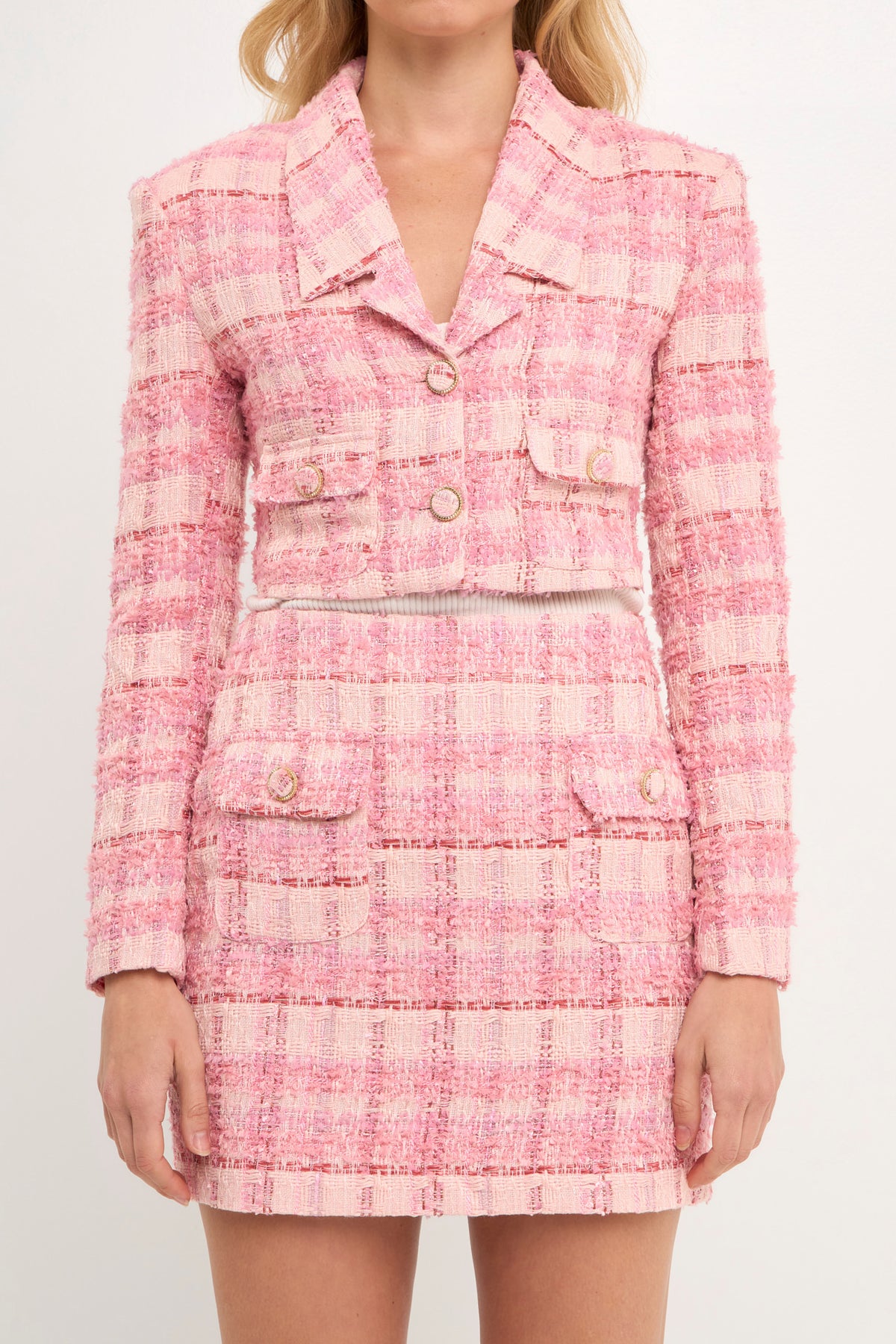 ENDLESS ROSE - Cropped Collared Tweed Blazer - BLAZERS available at Objectrare