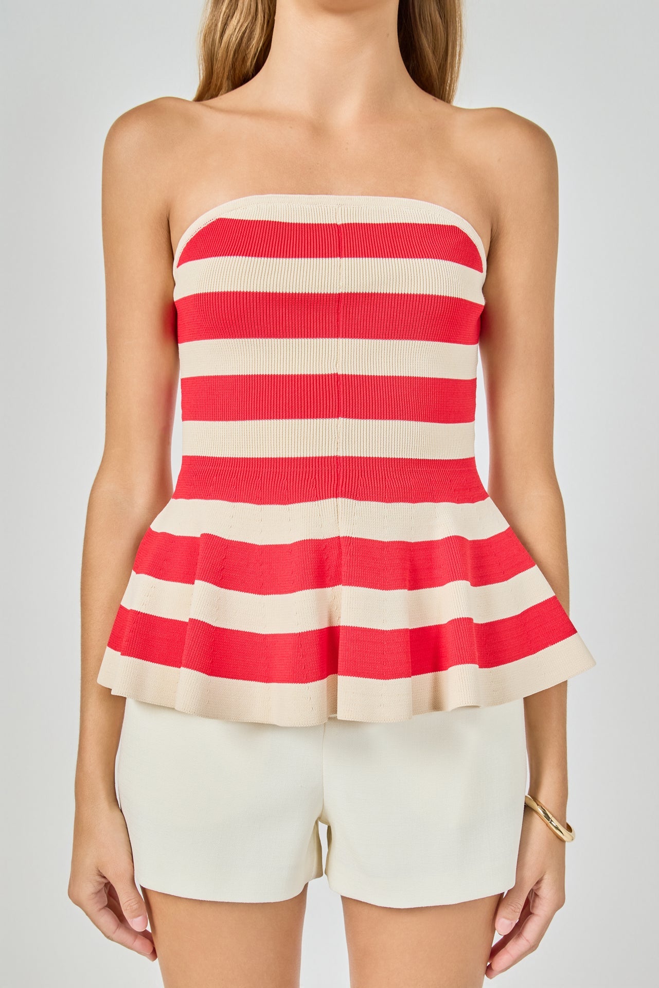 Striped Strapless Knit Peplum Tops