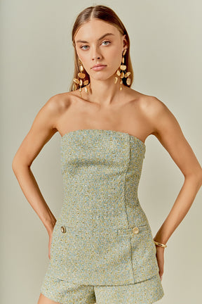 Tweed Gold Buttoned Strapless Long Top