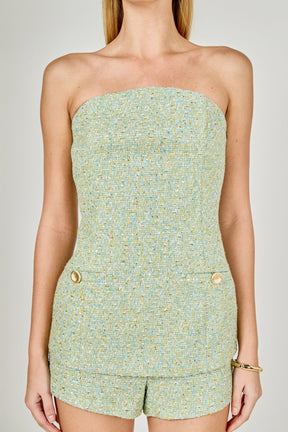 ENDLESS ROSE - Tweed Gold Buttoned Strapless Long Top - TOPS available at Objectrare
