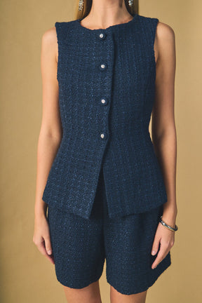 ENDLESS ROSE - Tweed Buttoned Sleeveless Top - TOPS available at Objectrare