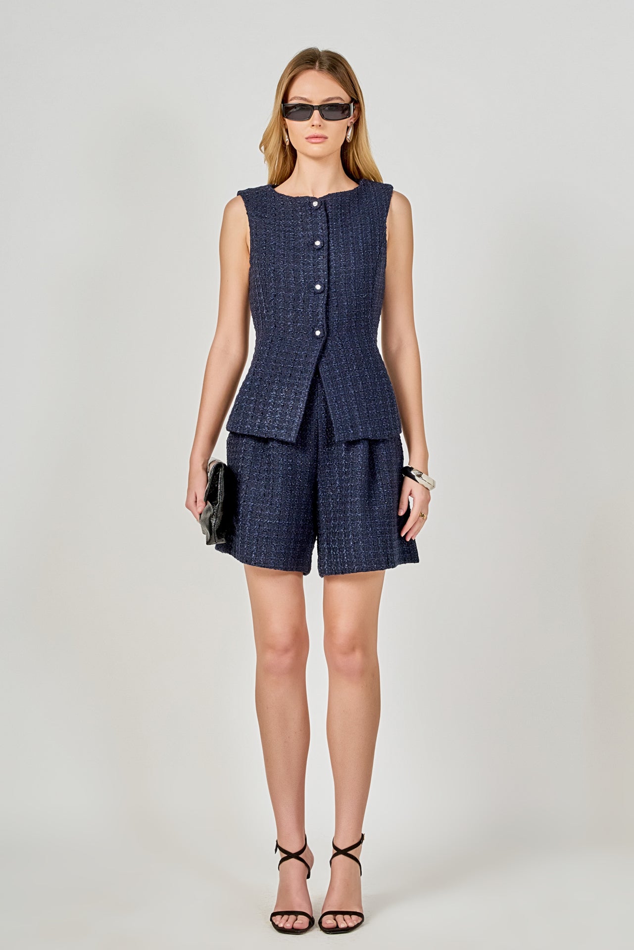 ENDLESS ROSE - Tweed Buttoned Sleeveless Top - TOPS available at Objectrare