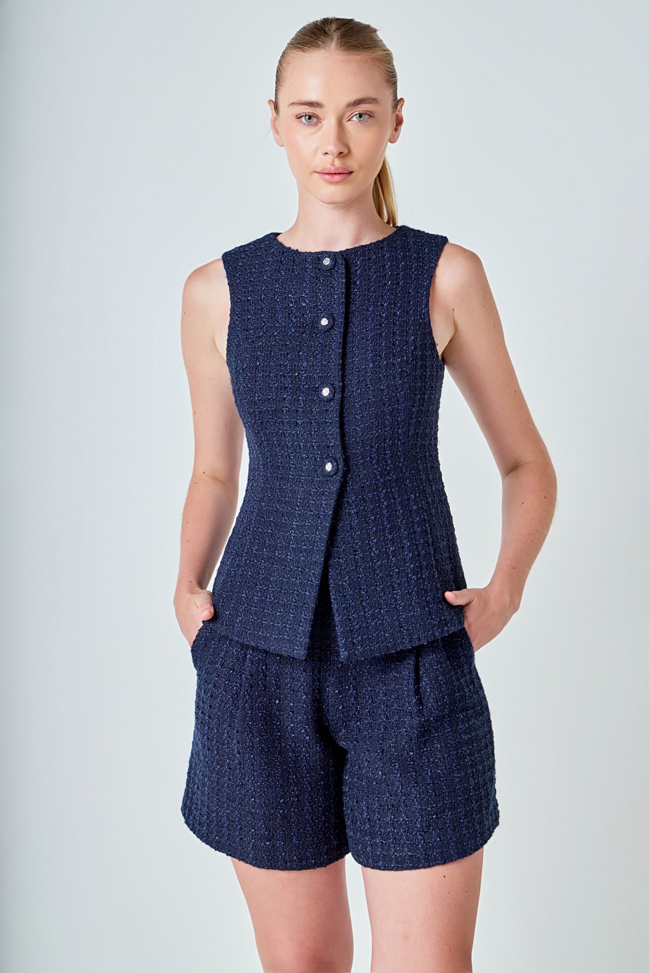 ENDLESS ROSE - Tweed Buttoned Sleeveless Top - TOPS available at Objectrare