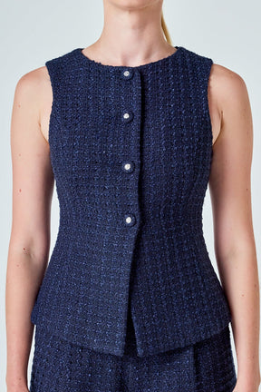 ENDLESS ROSE - Tweed Buttoned Sleeveless Top - TOPS available at Objectrare