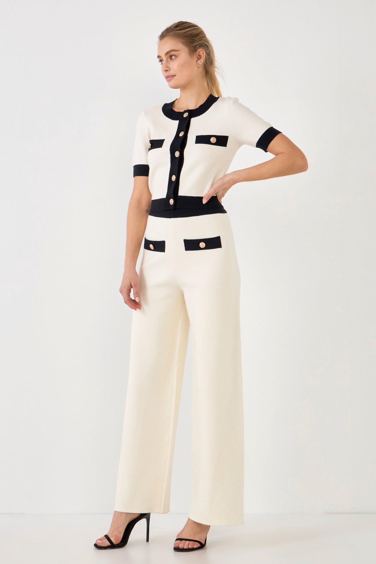 ENDLESS ROSE - Endless Rose - Contrast Band Knit Pants with Gold Buttons - PANTS available at Objectrare