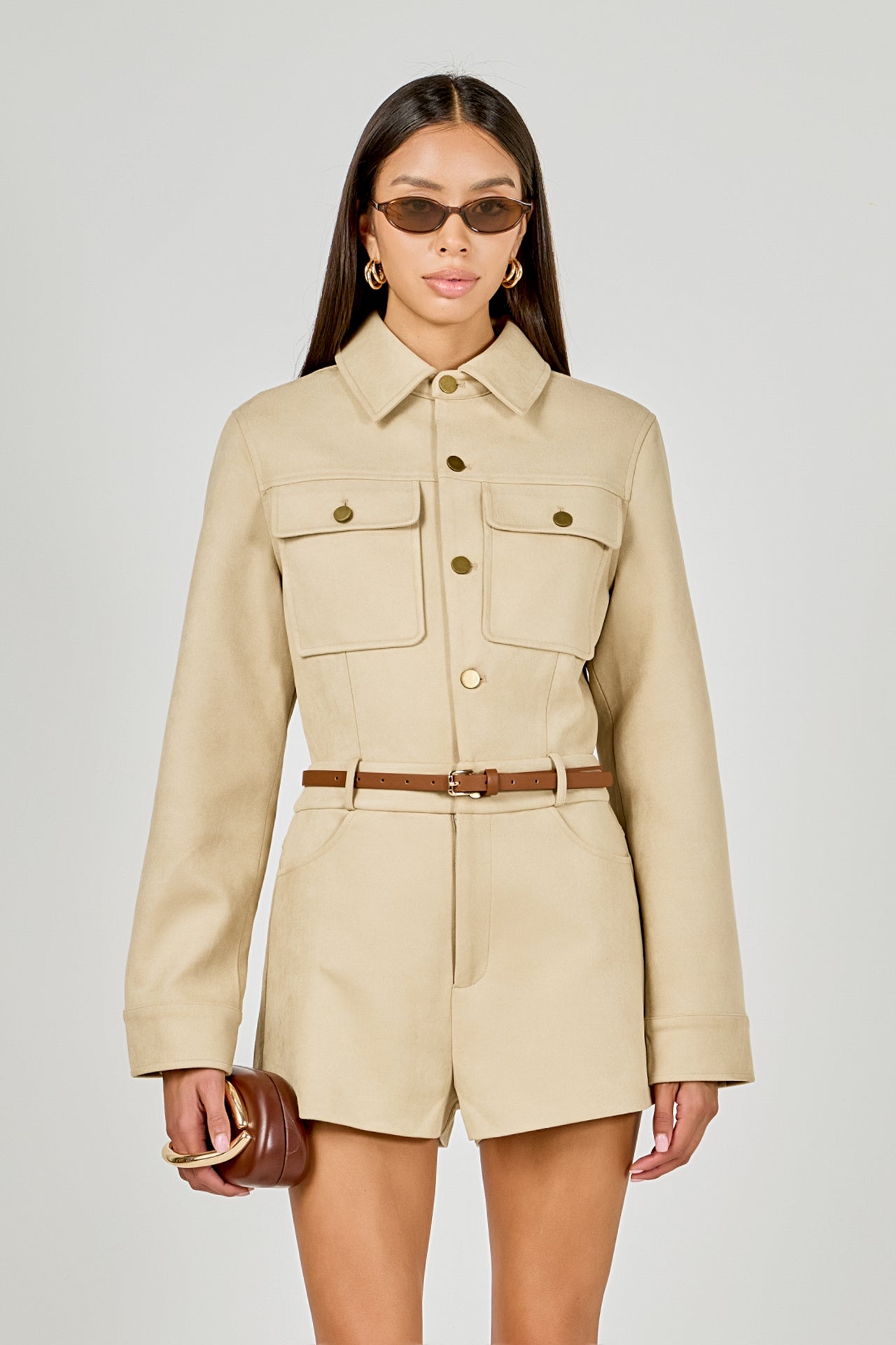 Faux Suede Long Sleeve Romper