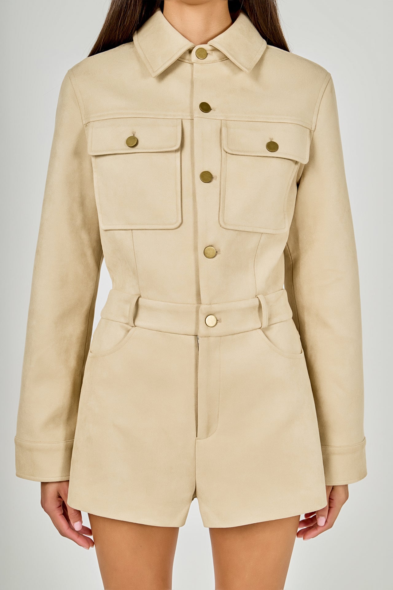 Faux Suede Long Sleeve Romper