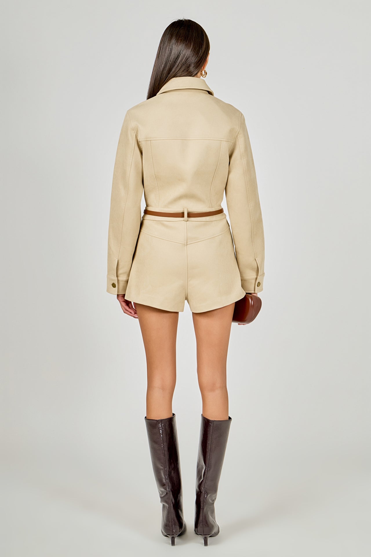 Faux Suede Long Sleeve Romper