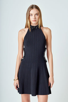 Beaded Knit Cut out Mini Dress