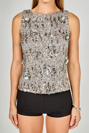 ENDLESS ROSE - Flower Applique sequins Top - CAMI TOPS & TANK available at Objectrare