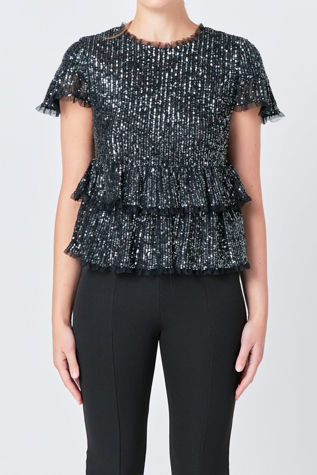 ENDLESS ROSE - Endless rose - Sequins Baby Doll Top with Mesh - TOPS available at Objectrare