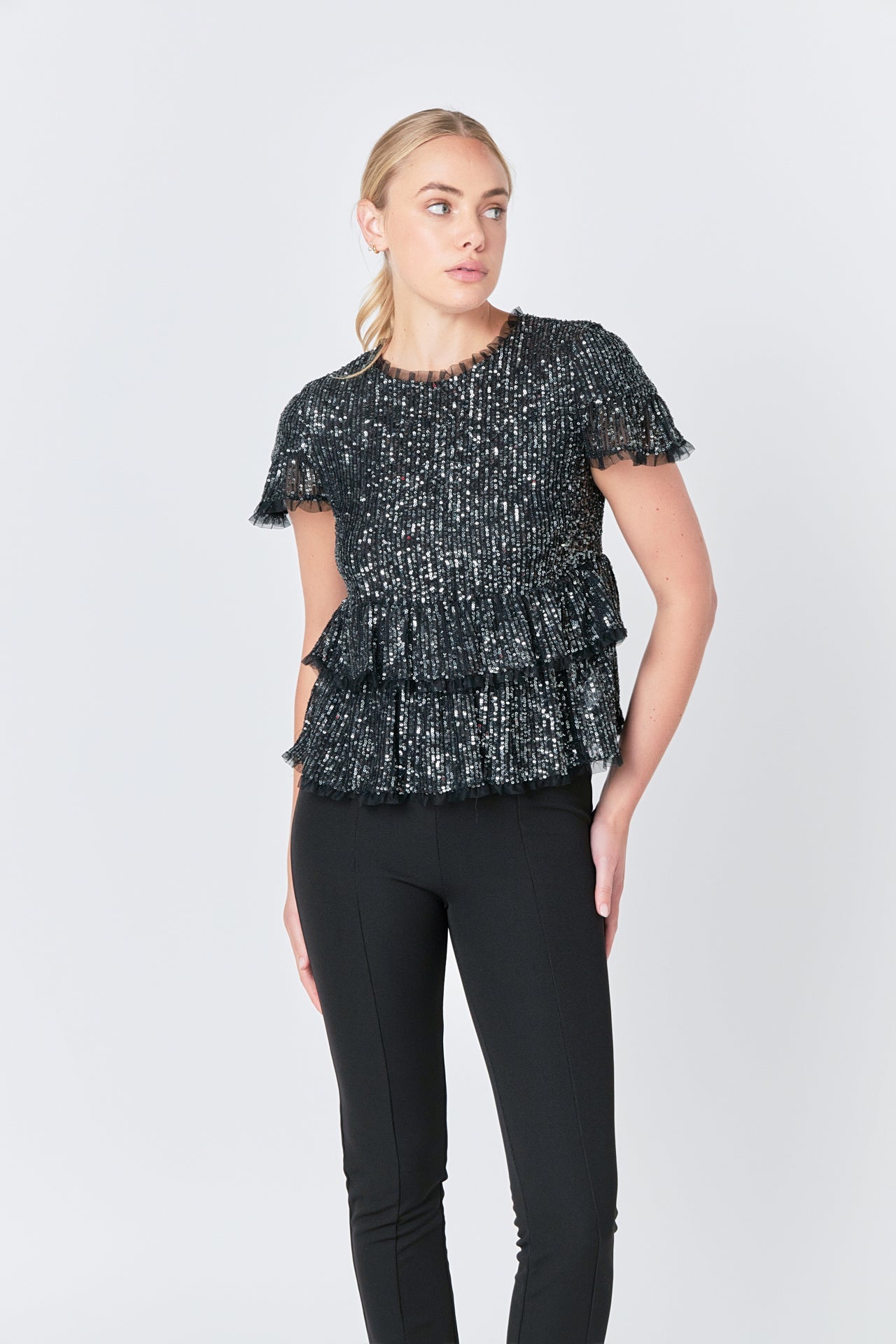 ENDLESS ROSE - Endless Rose - Sequins Baby Doll Top with Mesh - TOPS available at Objectrare