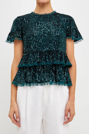 Sequins Baby Doll Top with Mesh