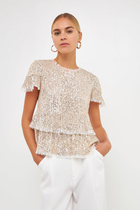 ENDLESS ROSE - Sequins Baby Doll Top with Mesh - TOPS available at Objectrare