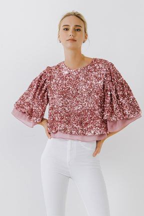 ENDLESS ROSE - Sequin Flutter Sleeve Top - TOPS available at Objectrare