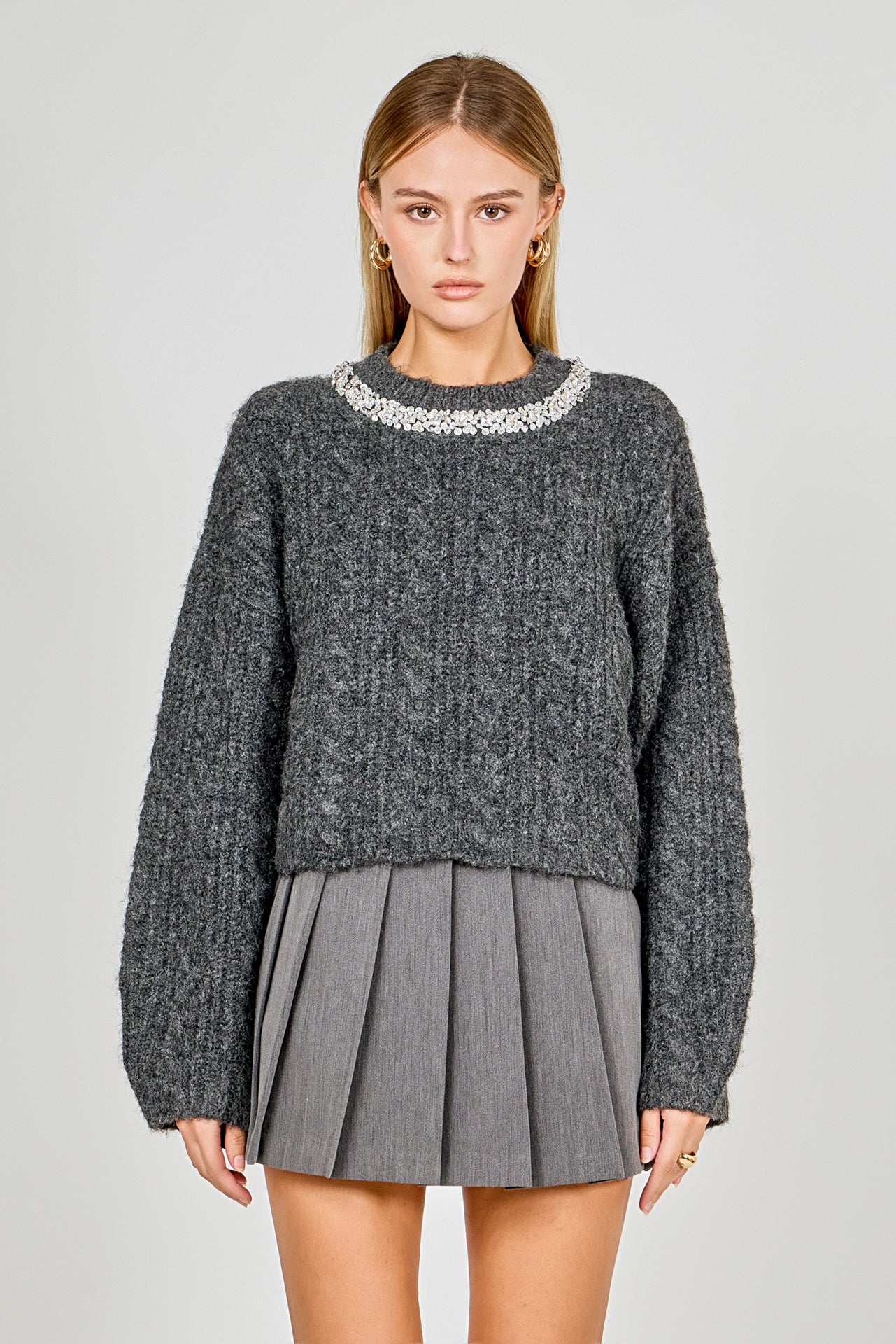 Jewel Embroidered Fuzzy Cable Knit Chunky Sweater