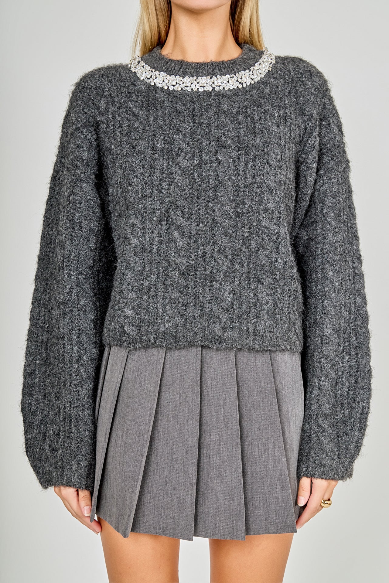 ENDLESS ROSE - Jewel Embroidered Fuzzy Cable Knit Chunky Sweater - SWEATERS & KNITS available at Objectrare