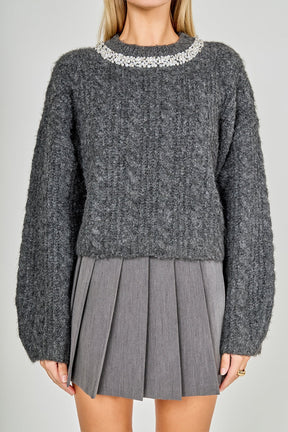 ENDLESS ROSE - Jewel Embroidered Fuzzy Cable Knit Chunky Sweater - SWEATERS & KNITS available at Objectrare