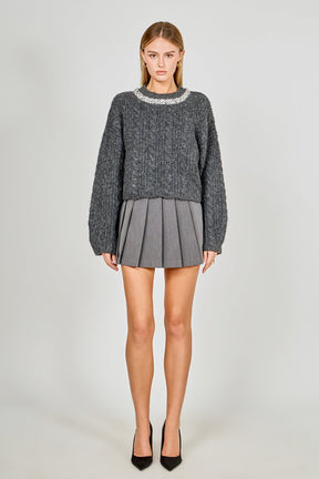 ENDLESS ROSE - Jewel Embroidered Fuzzy Cable Knit Chunky Sweater - SWEATERS & KNITS available at Objectrare