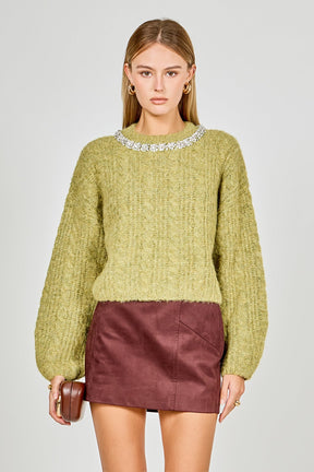 ENDLESS ROSE - Jewel Embroidered Fuzzy Cable Knit Chunky Sweater - SWEATERS & KNITS available at Objectrare