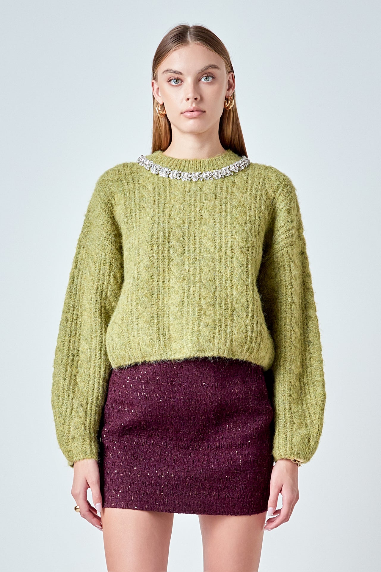 ENDLESS ROSE - Jewel Embroidered Fuzzy Cable Knit Chunky Sweater - SWEATERS & KNITS available at Objectrare