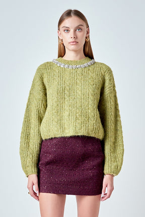 ENDLESS ROSE - Jewel Embroidered Fuzzy Cable Knit Chunky Sweater - SWEATERS & KNITS available at Objectrare