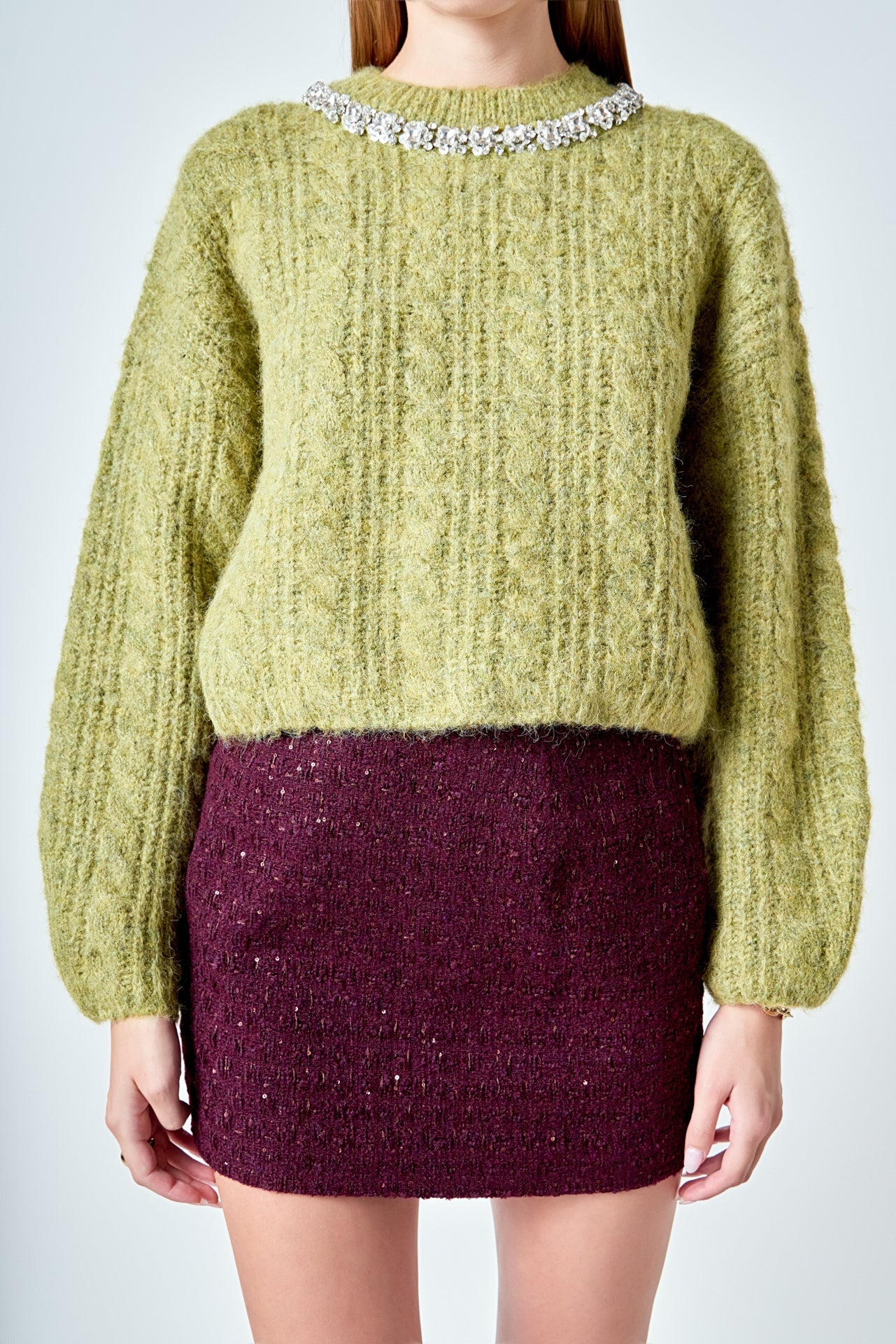 ENDLESS ROSE - Jewel Embroidered Fuzzy Cable Knit Chunky Sweater - SWEATERS & KNITS available at Objectrare