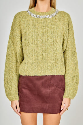 ENDLESS ROSE - Jewel Embroidered Fuzzy Cable Knit Chunky Sweater - SWEATERS & KNITS available at Objectrare