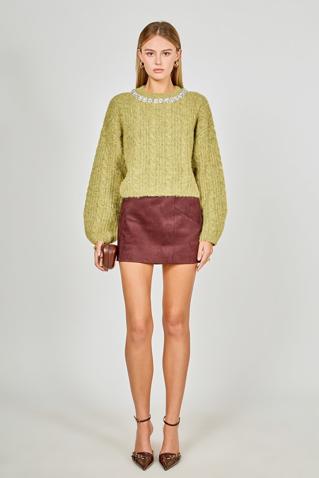 ENDLESS ROSE - Jewel Embroidered Fuzzy Cable Knit Chunky Sweater - SWEATERS & KNITS available at Objectrare