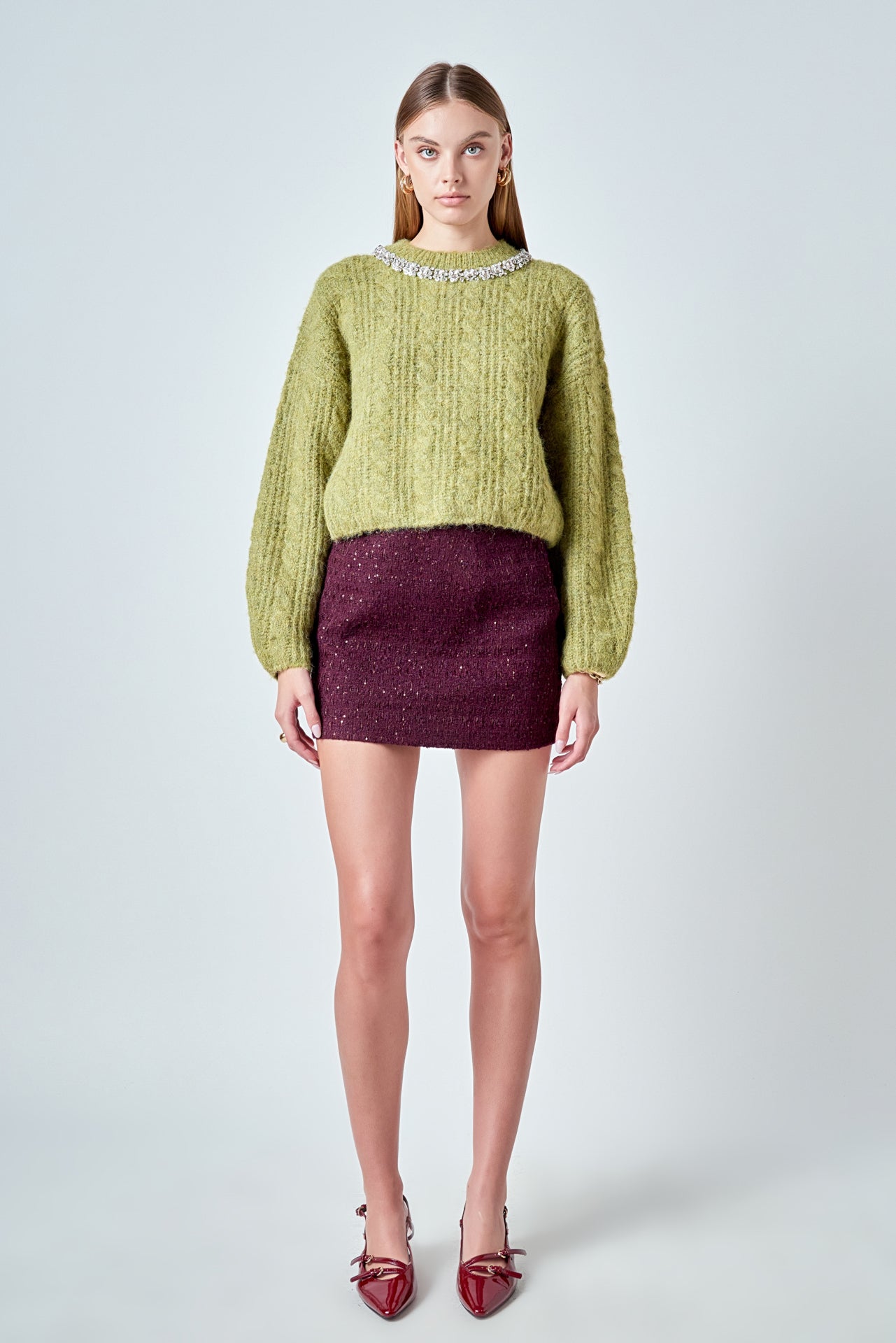 ENDLESS ROSE - Jewel Embroidered Fuzzy Cable Knit Chunky Sweater - SWEATERS & KNITS available at Objectrare