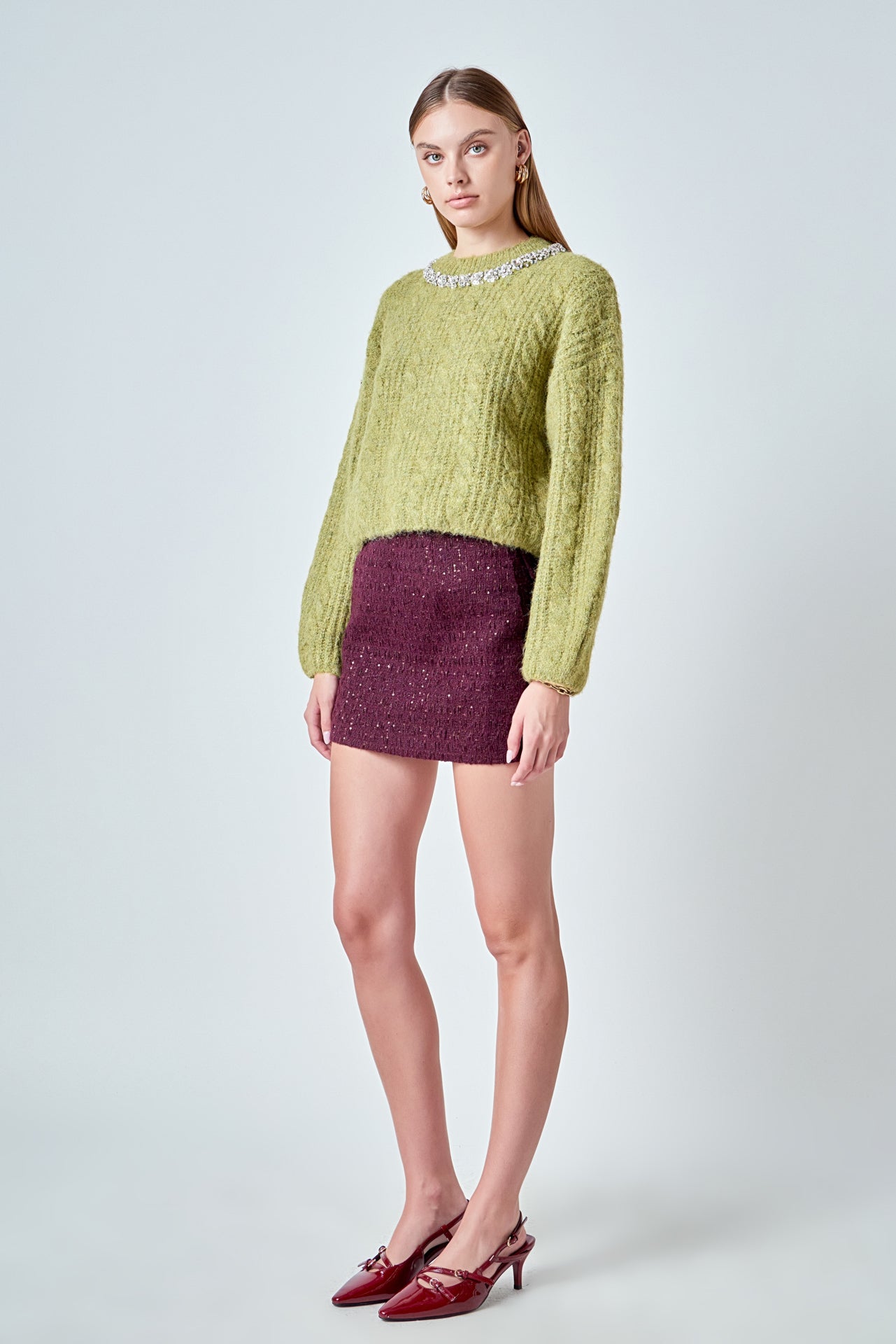 ENDLESS ROSE - Jewel Embroidered Fuzzy Cable Knit Chunky Sweater - SWEATERS & KNITS available at Objectrare