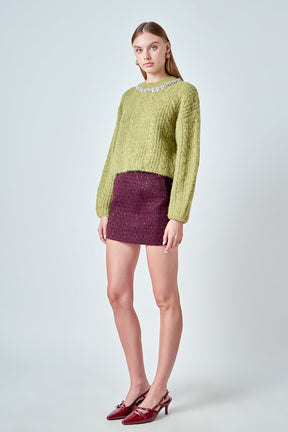 ENDLESS ROSE - Jewel Embroidered Fuzzy Cable Knit Chunky Sweater - SWEATERS & KNITS available at Objectrare