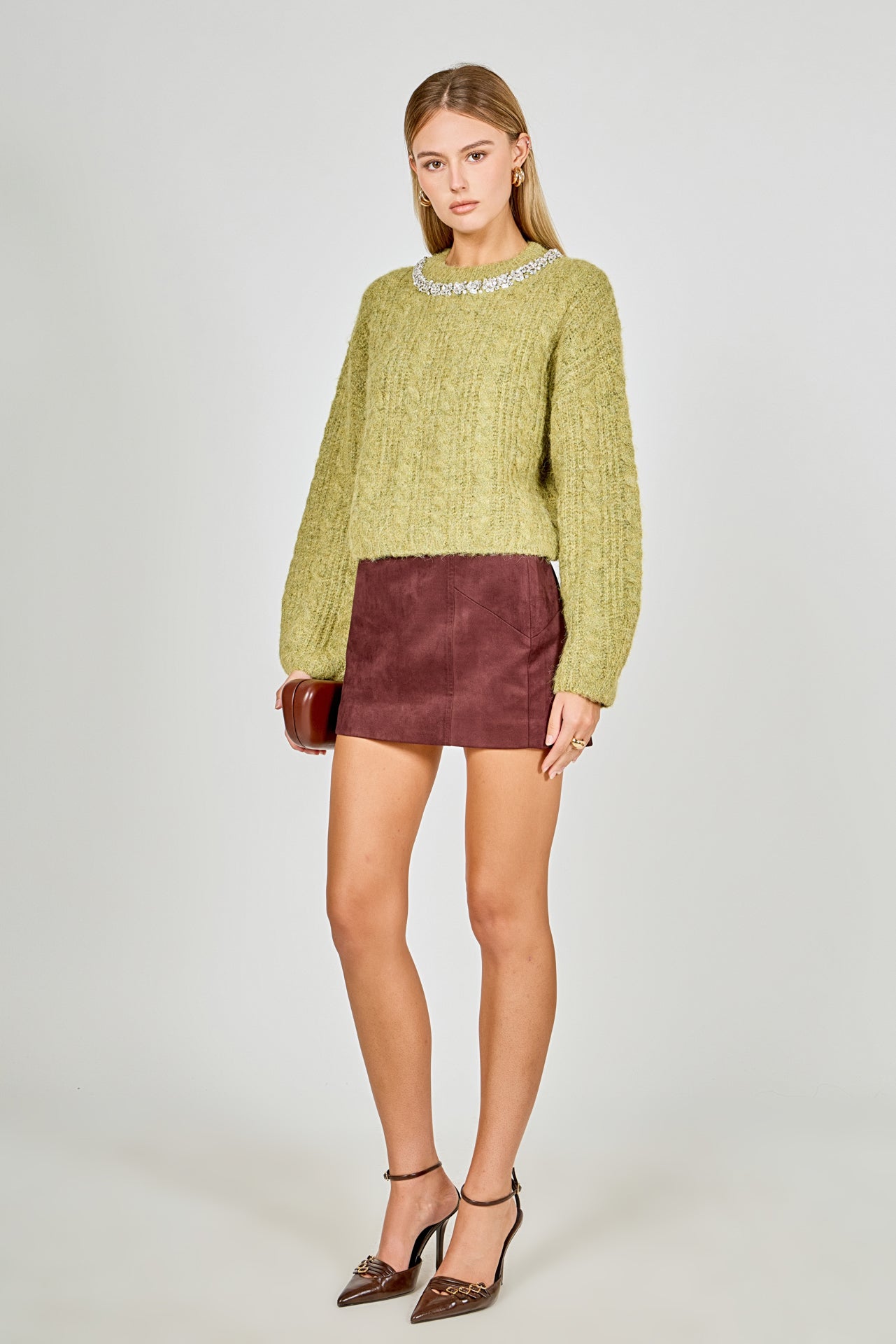 ENDLESS ROSE - Jewel Embroidered Fuzzy Cable Knit Chunky Sweater - SWEATERS & KNITS available at Objectrare