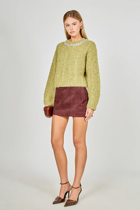 ENDLESS ROSE - Jewel Embroidered Fuzzy Cable Knit Chunky Sweater - SWEATERS & KNITS available at Objectrare