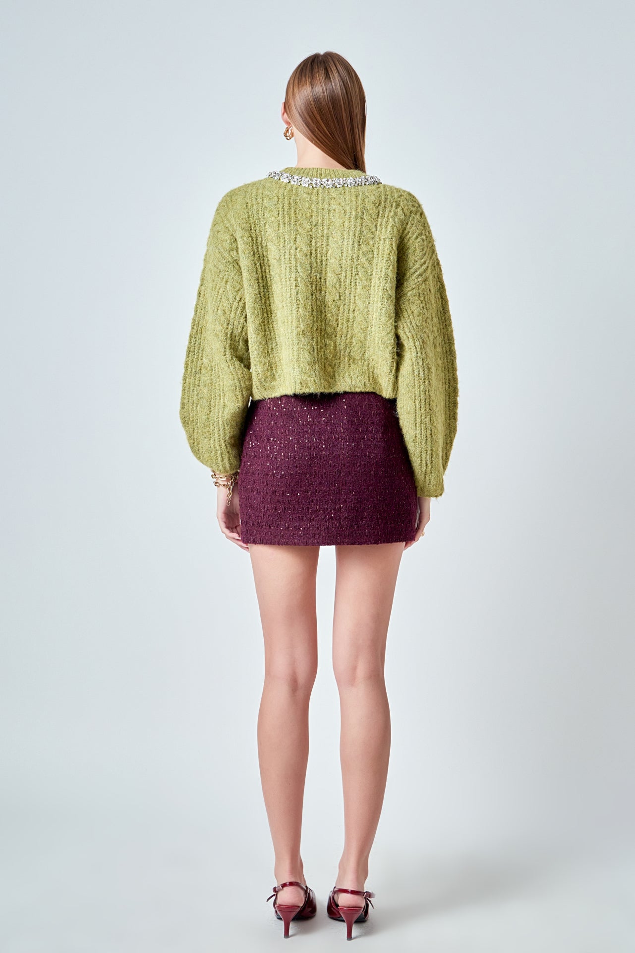 ENDLESS ROSE - Jewel Embroidered Fuzzy Cable Knit Chunky Sweater - SWEATERS & KNITS available at Objectrare